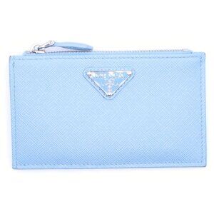 Prada Saffiano Triangle Card Case Fragment Coin Light Blue Pale